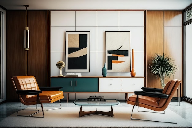 Midcentury moderne lounge met strakke lijnen en minimalistisch design gecreëerd met generatieve AI