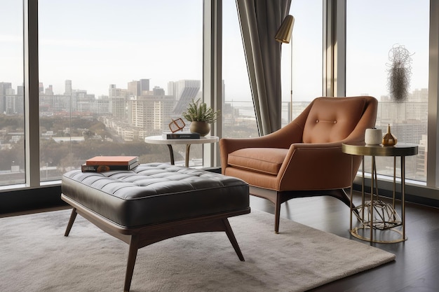Midcentury moderne stoel en poef in de woonkamer met uitzicht op de skyline van de stad