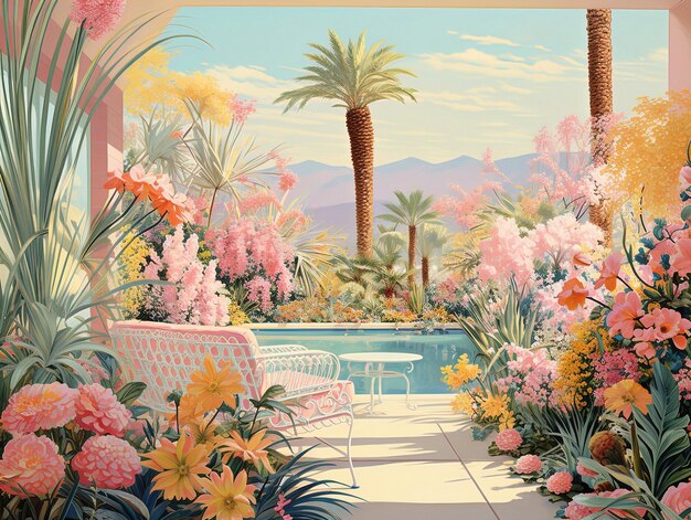 Foto midcentury palm springs garden con fiori pastel colorati pastel blu giallo rosa lilac e tonalità di corallo in un ambiente tranquillo degli anni '50