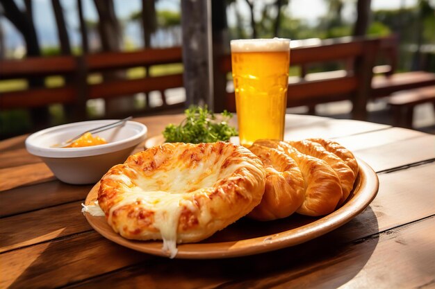 Foto middageten met pullapart kaasbrood en frisdrank op de houten tafel in de buitenruimte