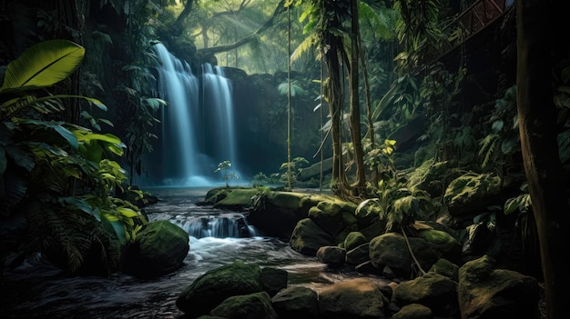 In midday a tropical forest with a waterfall