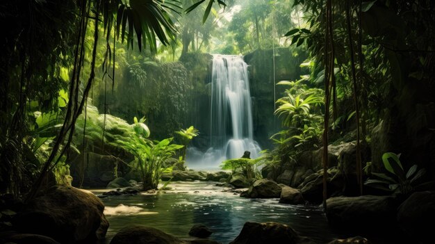 In midday a tropical forest with a waterfall