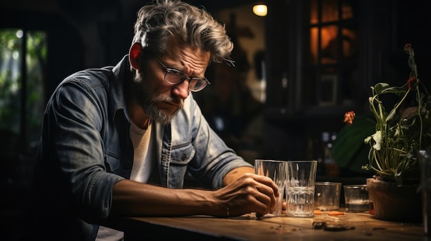 Middelbare leeftijd man in glazen met leeg glas whisky thuis alcohol en problemen concept