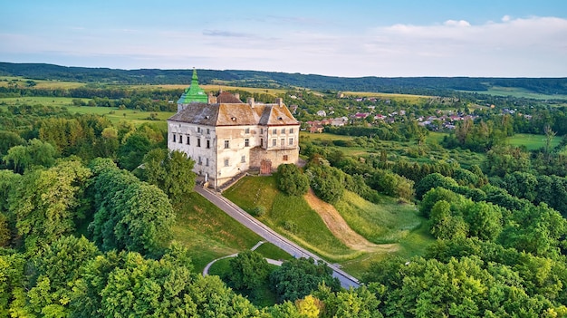 Middeleeuws Olesko Paleis luchtfoto Pittoresk zonnig tafereel groene lente bomen Zomer park op heuvels Olesky kasteel Lviv regio Oekraïne Reisbestemming Drone shot