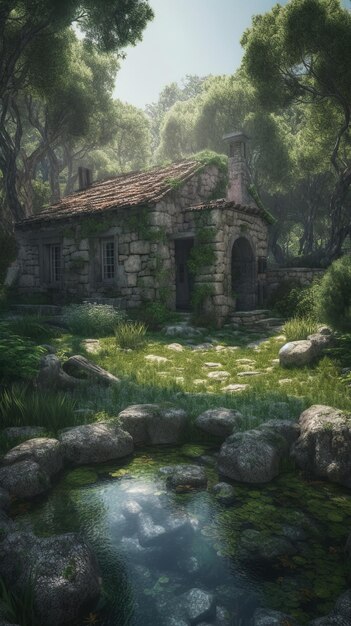 Middeleeuws stenen herenhuis in de buurt van kleine vijver en groene tuinen