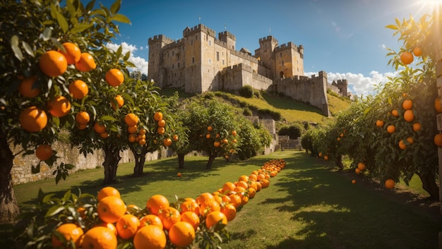 Middeleeuwse citrusrijpe sinaasappelen bij het kasteel