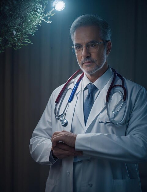 Foto middeleeuwse dokter met grijs haar en baard met bril en witte jas.