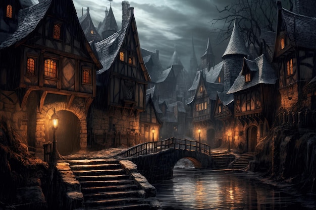 Middeleeuwse fantasie dorp gotische architectuur Mooie illustratie afbeelding Generatieve AI