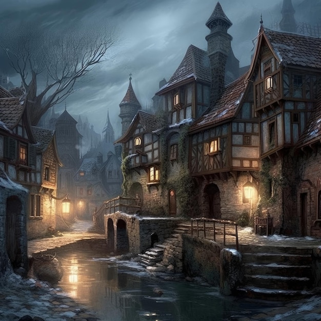 Middeleeuwse Fantasy Village gotische architectuur stappen
