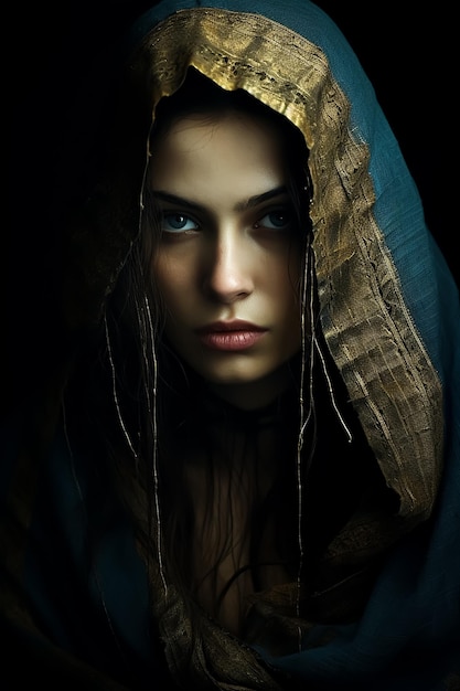 middeleeuwse gesluierde modemeisje met capuchon, donkere mode-horror gemaskerde heks Aantrekkelijke hete gezichtsdetails