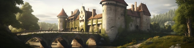 Foto middeleeuwse kasteelheuvel vlag gracht brug bos generatieve ai