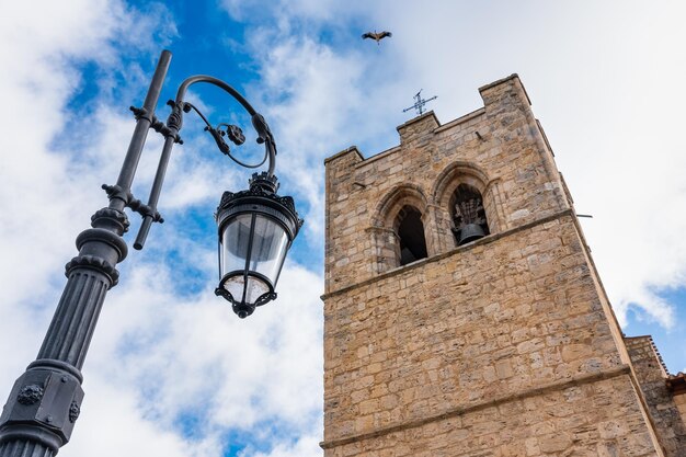 Foto middeleeuwse kerktoren en elektrische straatlantaarn terwijl een ooievaar door de lucht vliegt aranda