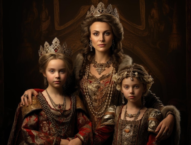 middeleeuwse koninklijke prinses-koningin afgebeeld met haar twee kinderen in het tijdperk van de koninklijke kroon