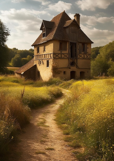 Foto middeleeuwse molen naast gouden velden