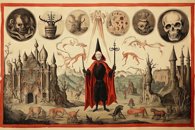 Middeleeuwse occulte kunst met skelet en monsters Oude icoon of oude boekillustratie met mystieke religieuze scène