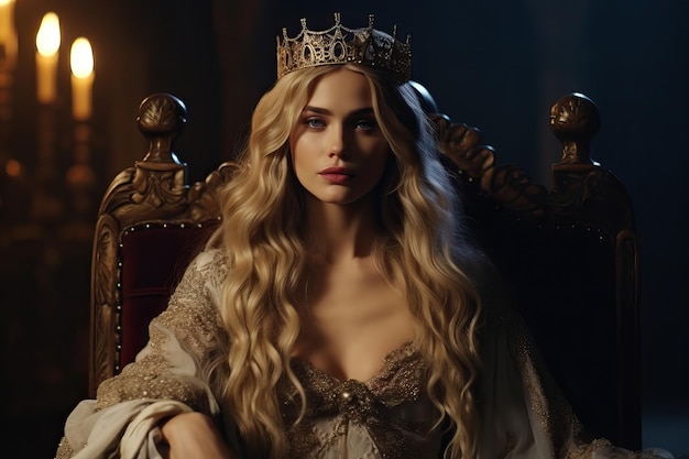 Middeleeuwse prinses in gotische kamer met gouden kroon en lang blond haar
