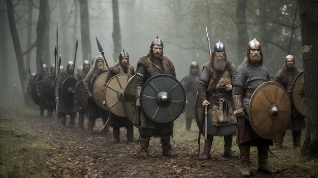 Middeleeuwse Scandinavische Vikingen in pantser met wapens in het bos overdag AI gegenereerd