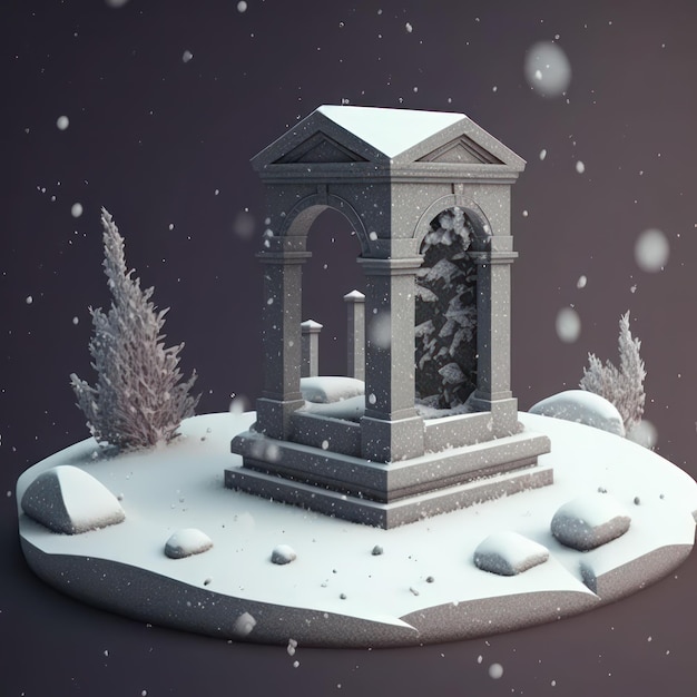 Middeleeuwse stenen tuin met vallende sneeuw ultrarealistische minimalistische mockup voor productshowcase AI-generatie