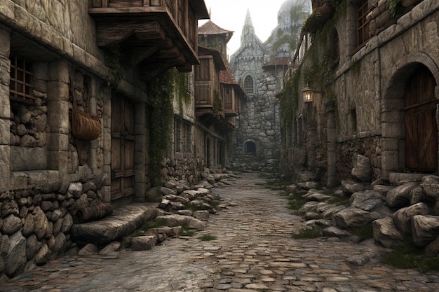 Middeleeuwse straat in de fantasie stad architectuur vuile stenen grond