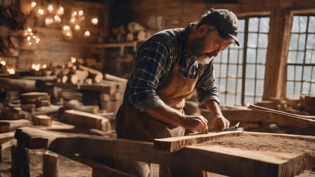 Middelgrote ambachtsman die hout snijdt