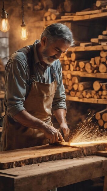 Middelgrote ambachtsman die hout snijdt