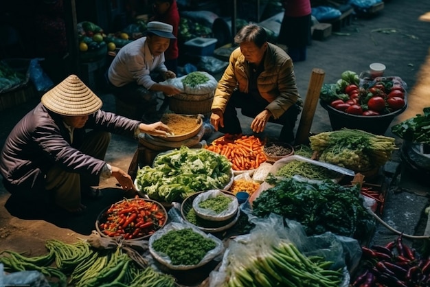 Foto middelgrote schot azië mensen die groenten verkopen