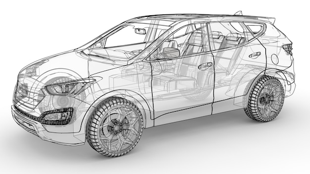 Middelgrote stadscrossover. Een illustratie op een witte achtergrond, de auto is omlijnd door lijnen en heeft een doorschijnende carrosserie. 3D-rendering.