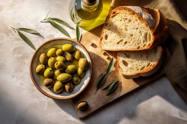 Foto middellandse zee delights groene olijven in keramische schaal met brood generatieve ai