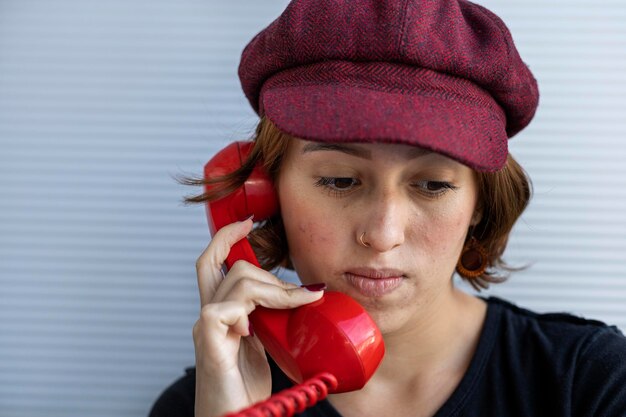 Middellange korte opname van Latijns-Amerikaanse jonge vrouw 22 met pet en rood haar luisterend naar gesprek op retro rode handset Lage hoek geschoten Vintage technologie concept