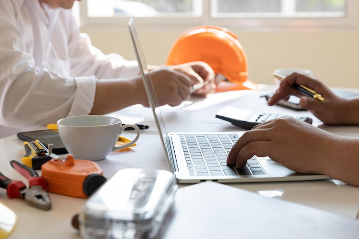 Foto middelsnede van een man die een laptop op tafel gebruikt