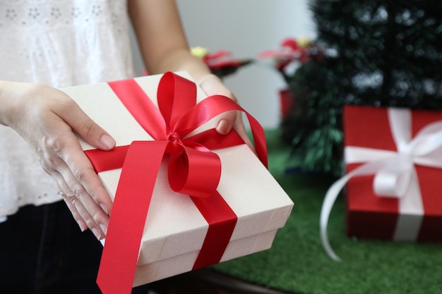 Middelsnede van een vrouw die een geschenkkistje vasthoudt tijdens Kerstmis