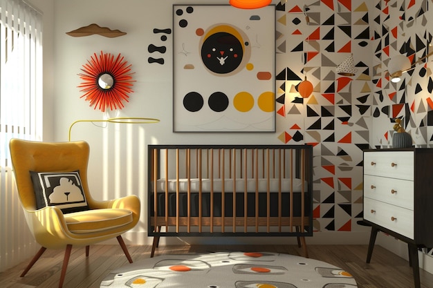 Midden-eeuwse moderne kinderkamer met gedurfde geometrische muur