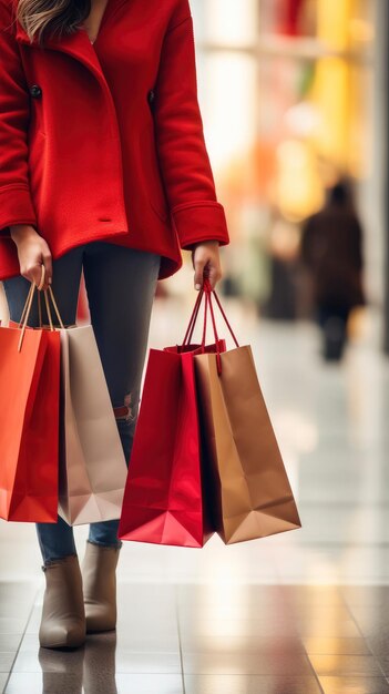 Foto midden gedeelte van vrouw met veel winkelzakken in een vage bokeh community mall achtergrond