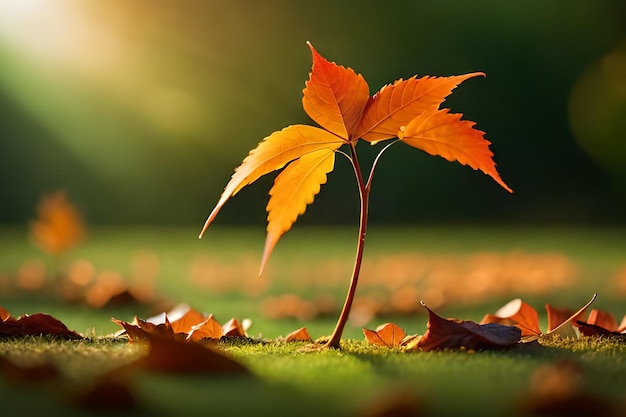 Midden in een veld met bladeren staat een klein oranje blaadje