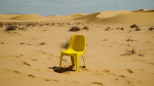 Midden in een woestijn staat een gele plastic stoel.