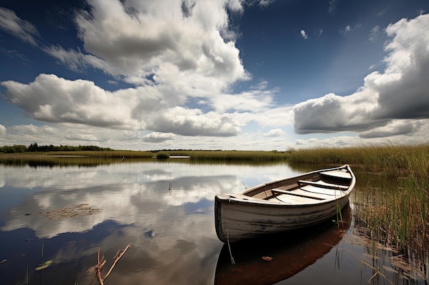 Midden op een bewolkte dag ligt een boot op een meer.