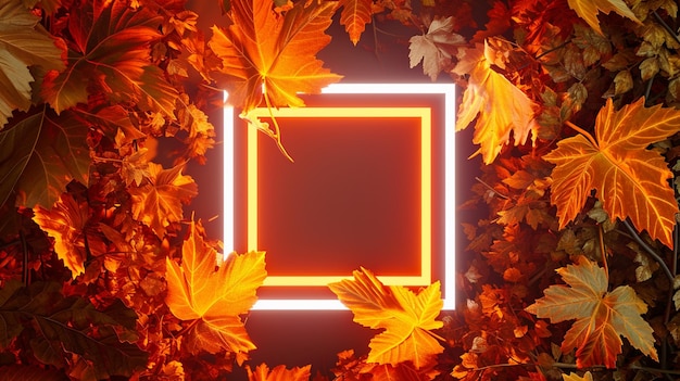 midden vierkant oranje en wit neon licht met herfst herfst bladeren Generatieve Ai