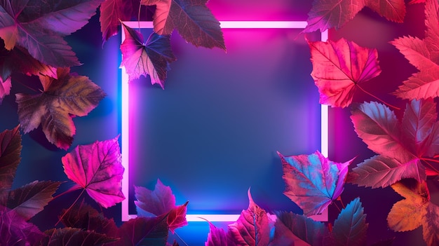 midden vierkant wit Neon licht met herfst bladeren Generatieve Ai