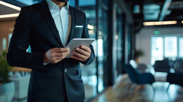 Middenklasse van mannelijke leidinggevende met behulp van digitale tablet in het kantoor