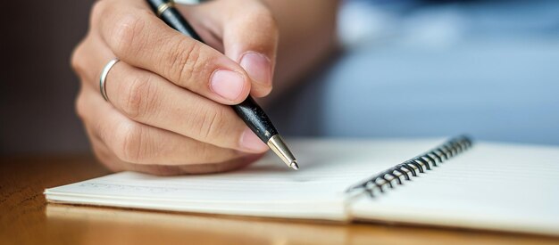 Middensectie van een vrouw met boek en pen op tafel