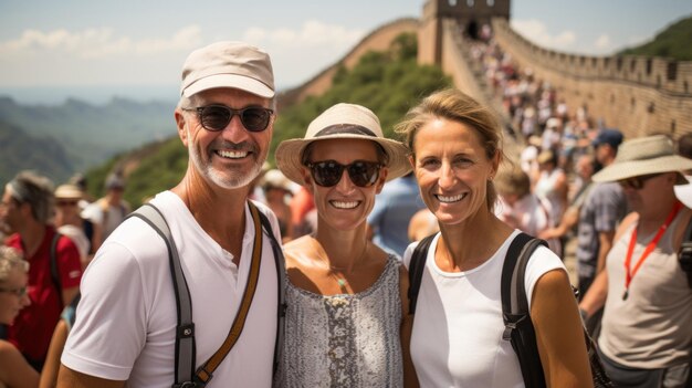 Middenvolwassene toeristen op de Grote Muur in Beijing China Generatieve AI