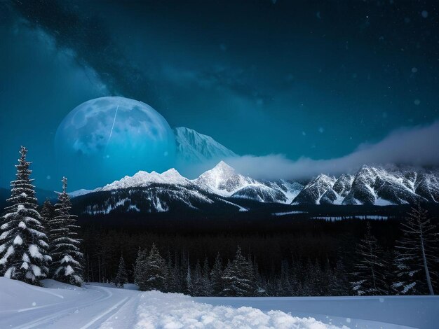 Foto middernacht sneeuwlandschap met bergen en dennenbomen met super volle maan in de lucht