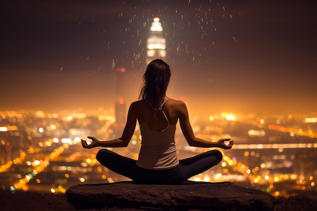 Middernachtse yoga pose met stadsverlichting op de achtergrond