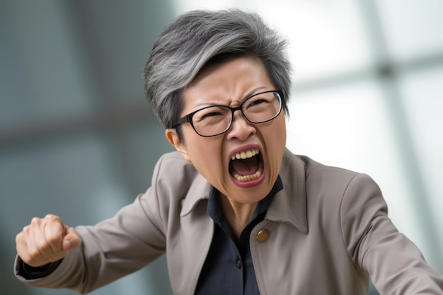 middle age asian woman angry expression in a modern minimalist company ai generated