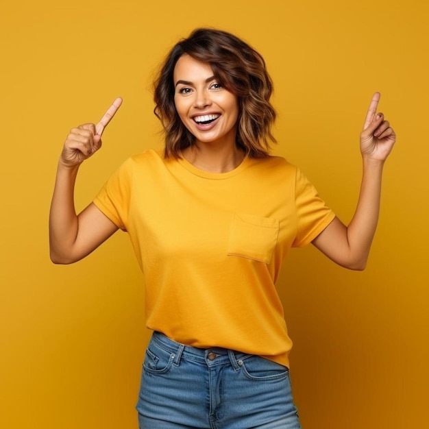 Middle age beautiful woman wearing casual dye t shirt standing over yellow background smiling