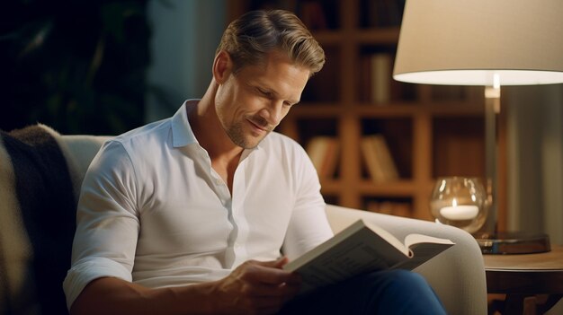 middle age of blonde hair man is reading and smile gently generative ai