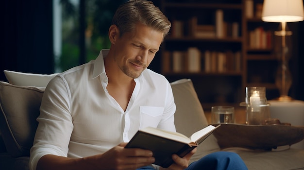 A middle age of blonde hair man is reading and smile gently