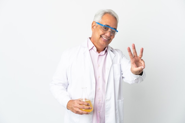 Middle age Brazilian scientific man scientific isolated on white background happy and counting three with fingers