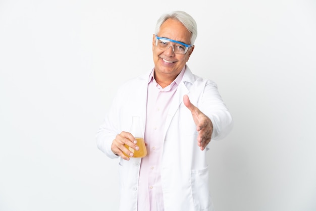 Middle age Brazilian scientific man scientific isolated on white background shaking hands for closing a good deal