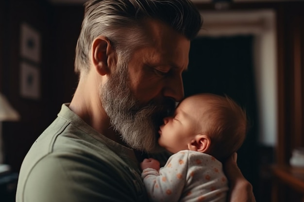 Middle age Caucasian father kissing sleeping newborn baby girl Parent holding rocking child daughter son in hands Authentic lifestyle parenting fatherhood Generative ai